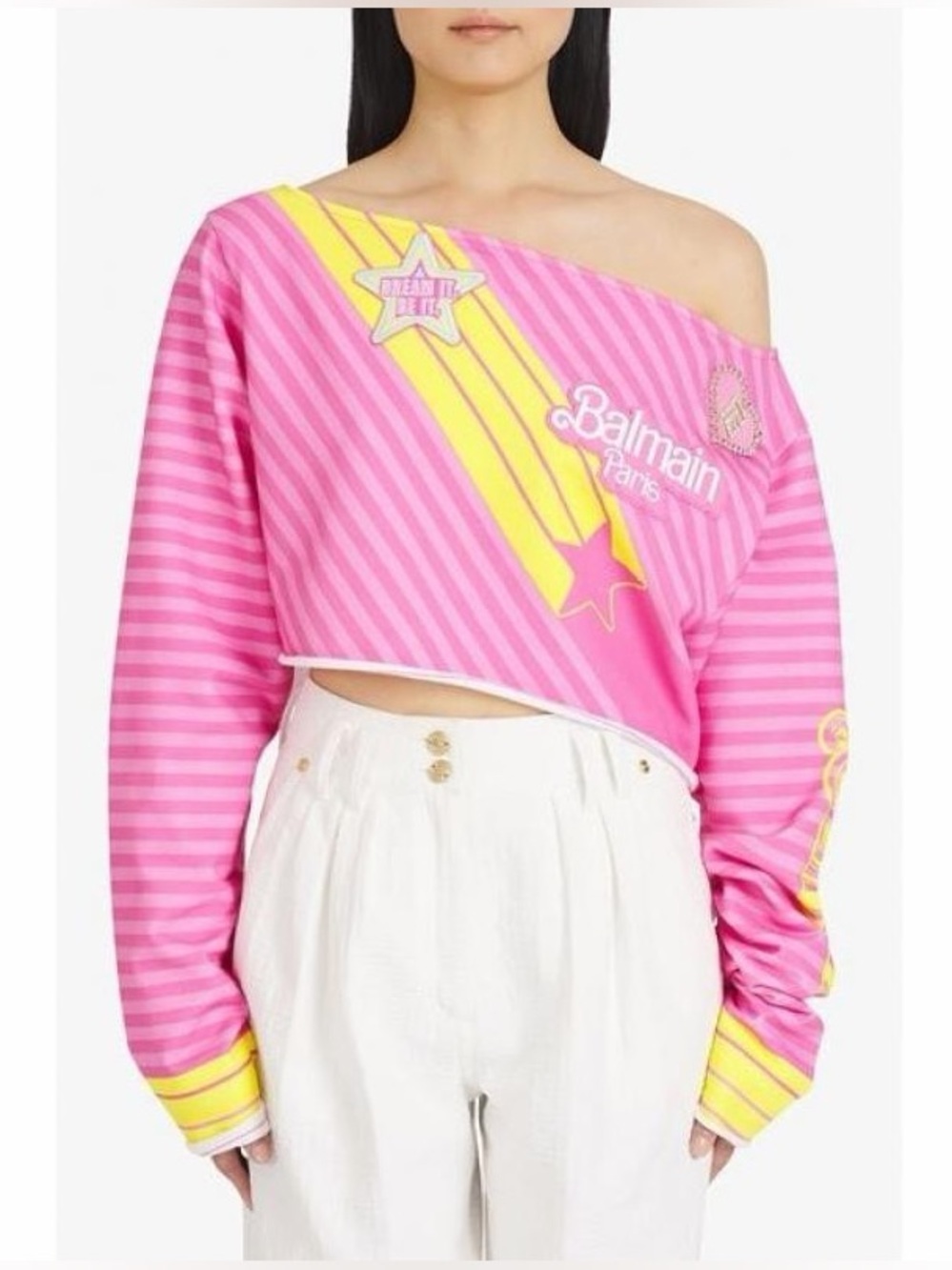 Balmain x Barbie Pink Cotton Off-The Shoulder Crop Top - Picture 7 of 9
